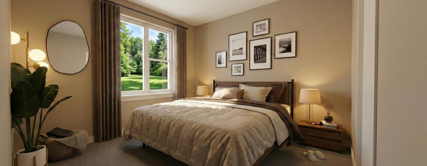 a bedroom with a two nightstands