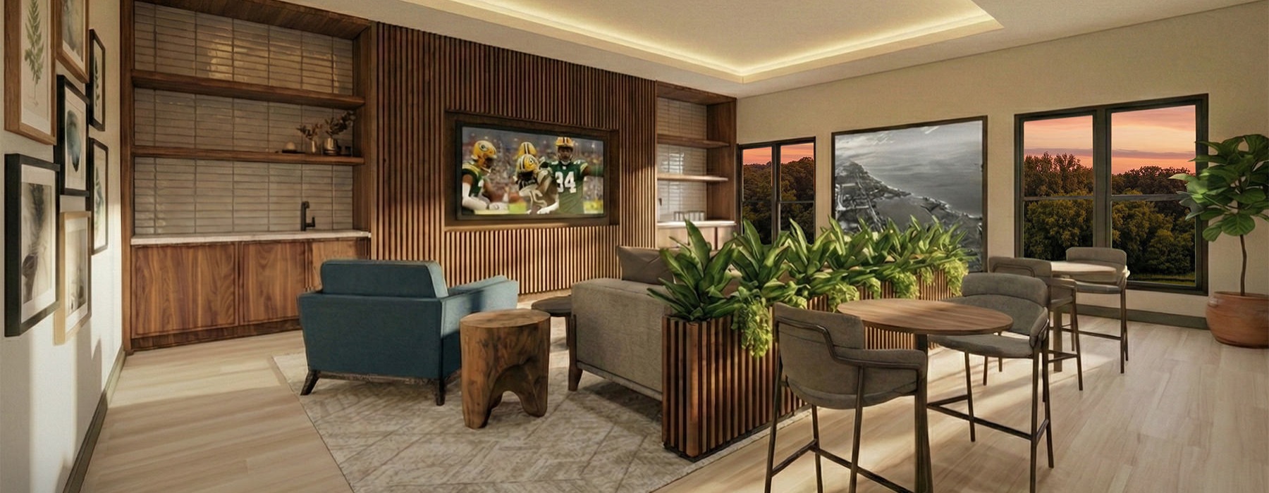 a clubroom with a couch, chairs and a tv