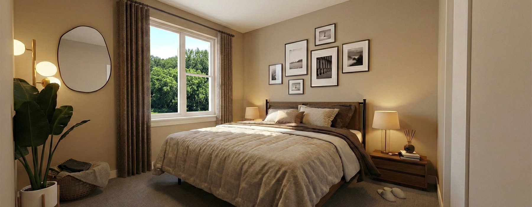 a bedroom with a bed and two nightstands
