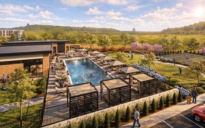 a pool with people in chairs