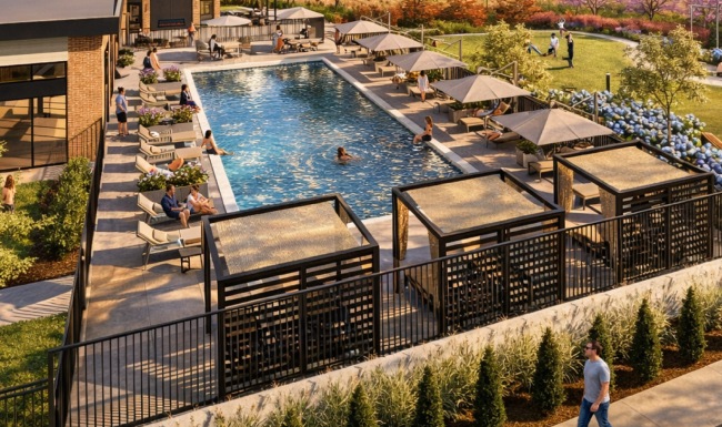 a pool with people in chairs